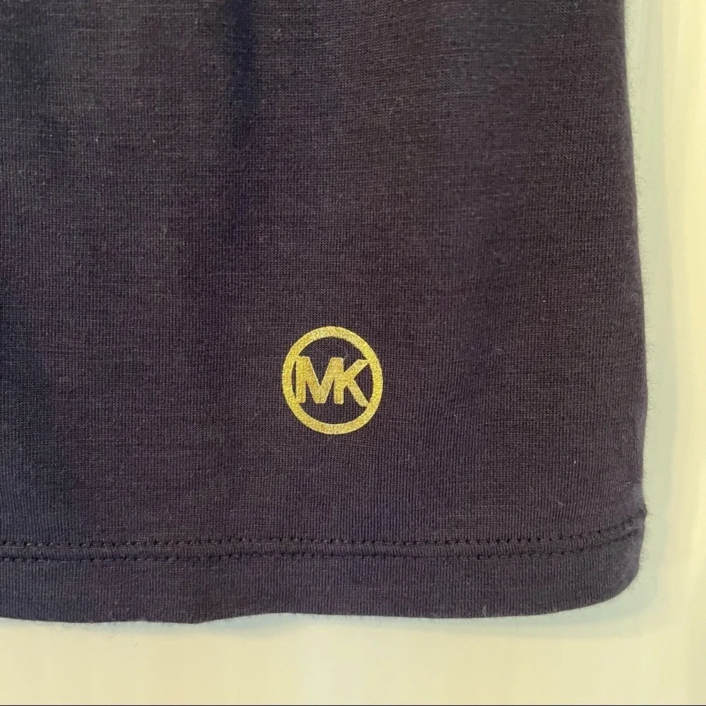 Michael Kors Navy Cotton T-Shirt Gold Trim Crew Neck Logo Top Sz Sm